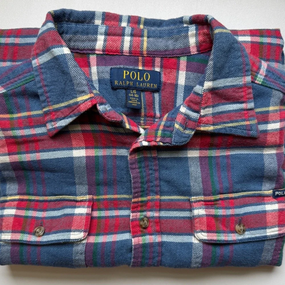 Polo Ralph Lauren Boys Flannel Shirt Plaid Button Down Blue Red Large 14-16